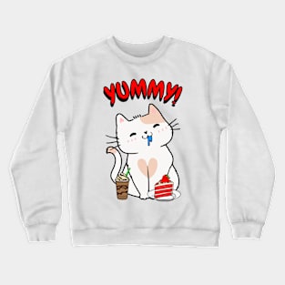 Cute white cat is having coffee and cake Crewneck Sweatshirt